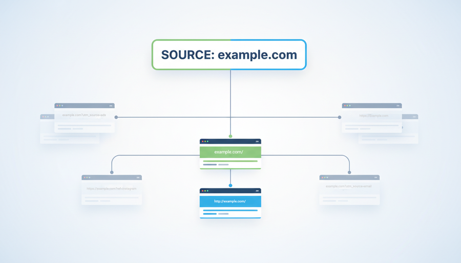 This image depicts a simplified diagram of a website's structure, showing the main domain "example.com" and its related subpages and URLs.