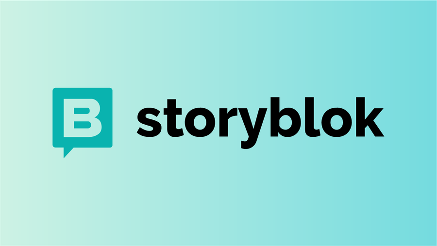 The image contains the logo for "Storyblok", a content management system. The logo consists of a teal-colored speech bubble icon and the word "Storyblok" written in black text.