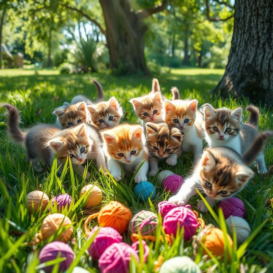 A lively scene of several fluffy kittens tumbling and chasing each other among bright green grass and scattered colorful yarn balls, with sunbeams filtering through nearby trees, casting soft shadows and highlighting their playful expressions.