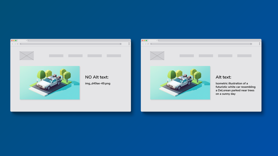 comparison image showing a webpage without alt text on the left and one with descriptive alt text on the right, featuring an isometric illustration of a futuristic white car resembling a DeLorean.