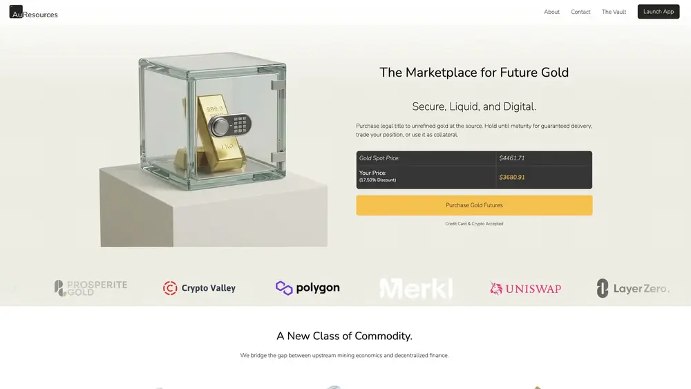 AuResources website homepage, a marketplace for gold futures