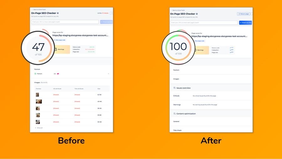 This image shows the before and after results of an on-page SEO checker tool, highlighting improvements made to a website's optimization.