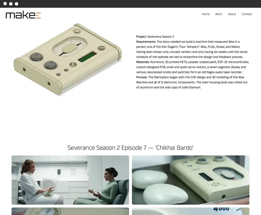 The image shows a custom-designed device with various knobs, switches, and a digital display. It appears to be a machine used for measuring something related to the TV show "Severance".