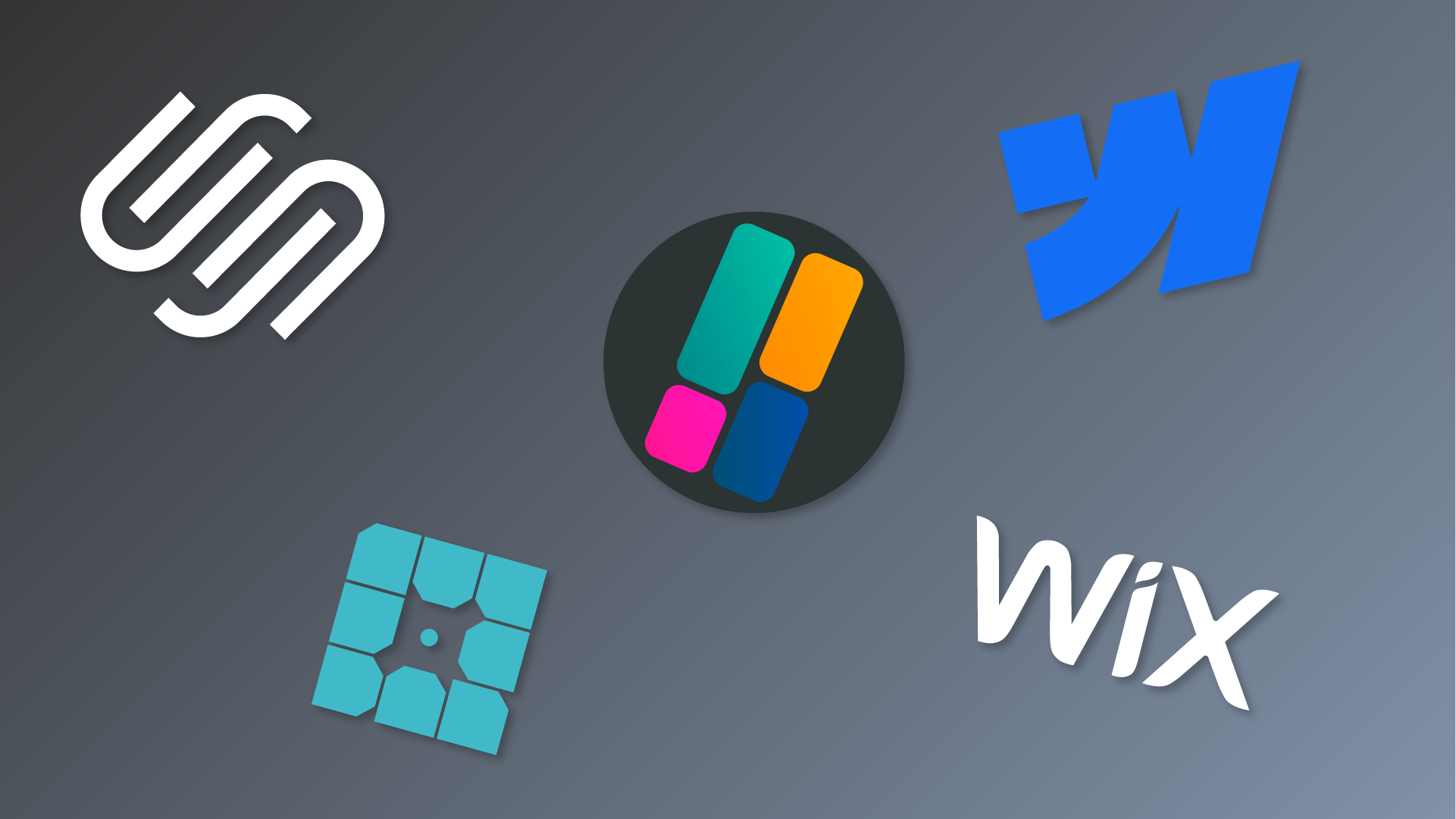 Collection of design tool logos including Squarespace, Figma, Webflow, Wix, and another design platform on gray background.