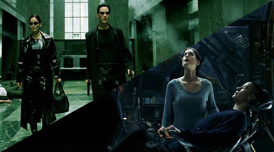 Three people in black leather coats standing in a green-tinted room with someone kneeling.