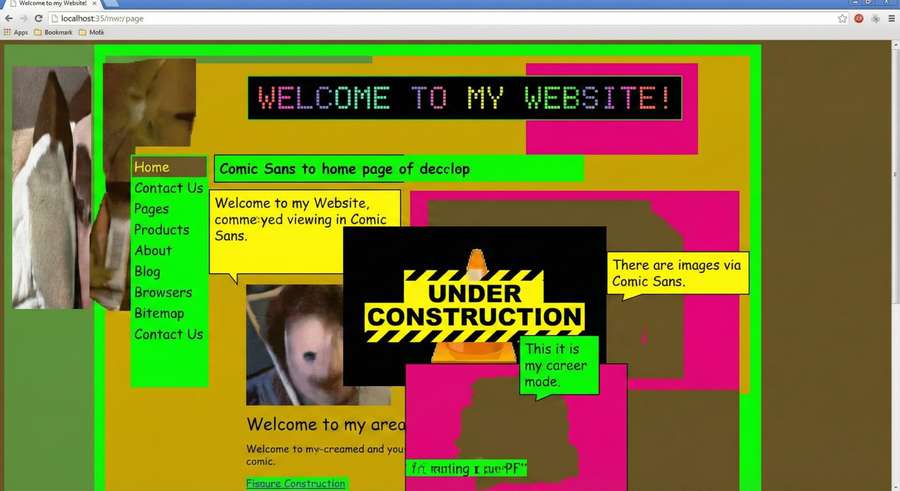 A chaotic webpage with bright neon colors, Comic Sans text, "Under Construction" sign, and random images.