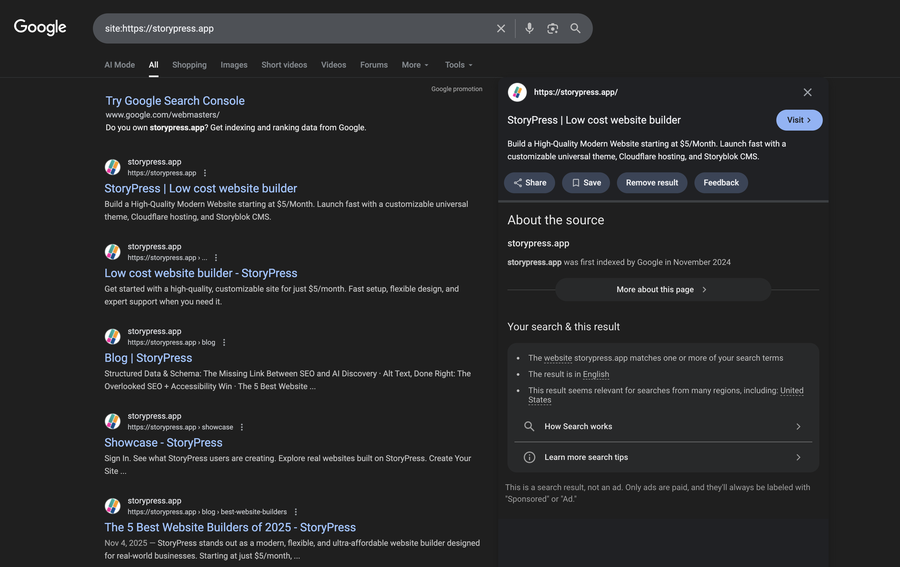 This image shows a Google search results page for "site:https://storypress.app", displaying information about StoryPress, a low-cost website builder.