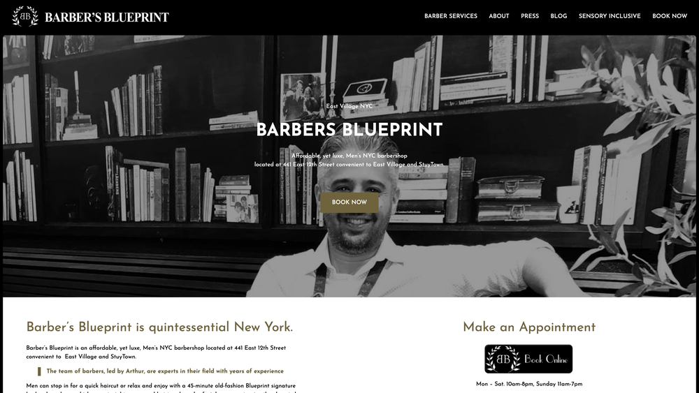 Barbers Blueprint website homepage in black and white