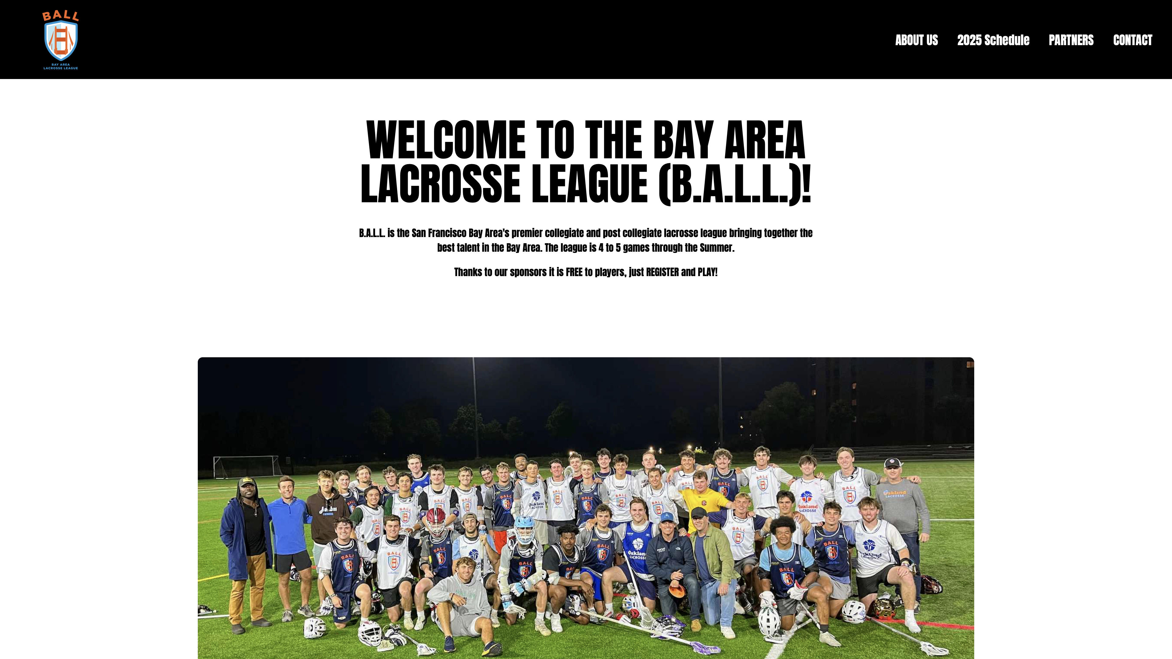 Large group photo of Bay Area Lacrosse League players and coaches on a field at night.