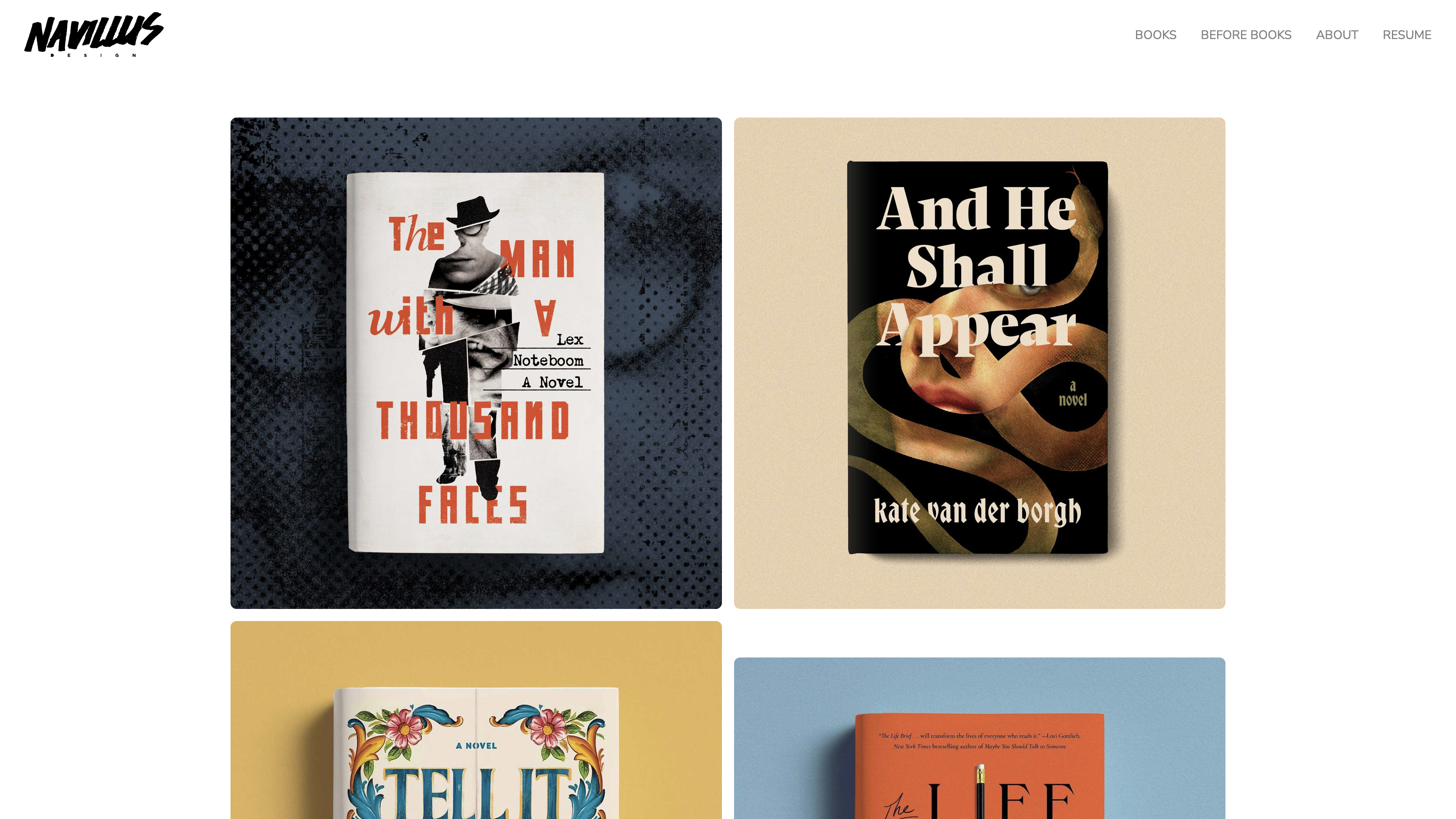 Portfolio website homepage showing four book covers including "The Man with a Thousand Faces" and other novels.