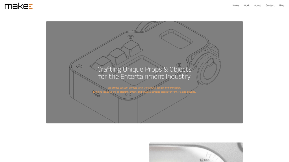 make3 website homepage showing a technical line drawing of a fabricated prop