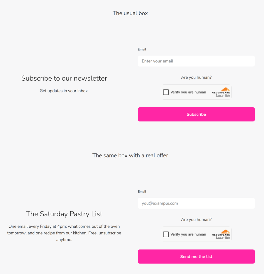 Two signup boxes built on the same page: a generic Subscribe to our newsletter box, and the same form offering The Saturday Pastry List with a specific promise of what arrives and when