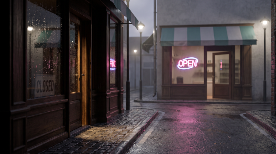 A small business storefront at dusk, seen through rain-spotted glass