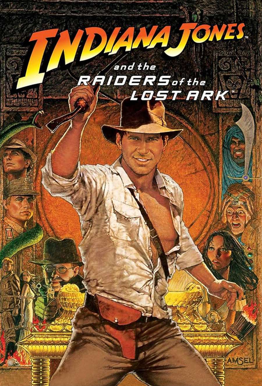 The image depicts the cover art for the Indiana Jones movie "Raiders of the Lost Ark". It features the main character, a rugged adventurer in a fedora hat, standing amidst various symbolic elements from the film.