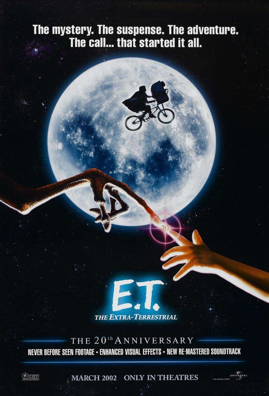 The image depicts a silhouette of a person on a bicycle flying in front of a large, full moon against a starry night sky. Below the moon is a hand reaching up with an E.T. figure.