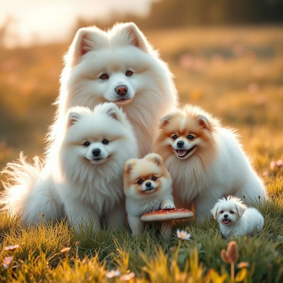 A whimsical collection of ultra‑fluffy dogs gathered on a soft grassy meadow: a massive, towering Samoyed with a cloud‑like white coat sits beside a playful, medium‑sized Pomeranian, while a teeny, pocket‑sized Bichon Frise, barely the size of a teacup, perches on a mushroom; the scene is bathed in warm golden sunlight, with gentle breezes ruffling their plush fur and a backdrop of pastel‑colored wildflowers.