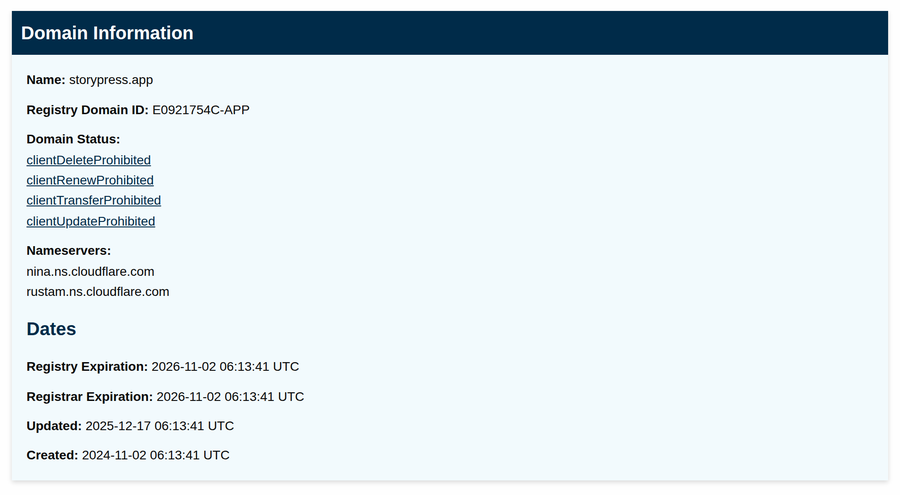 ICANN registration data lookup result for storypress.app showing domain status locks, nameservers, and registry expiration date