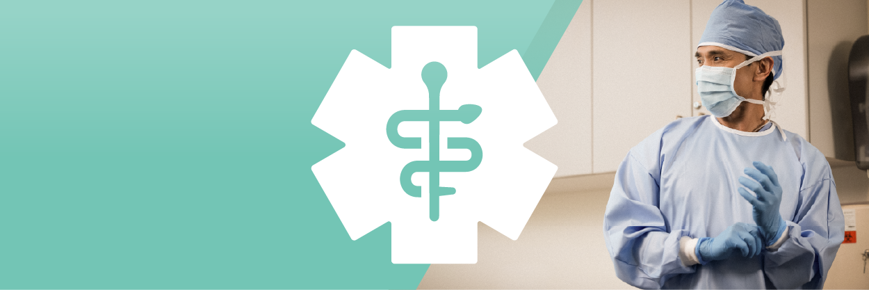 Physician wearing a mask and scrubs next to the Weatherby logo bug