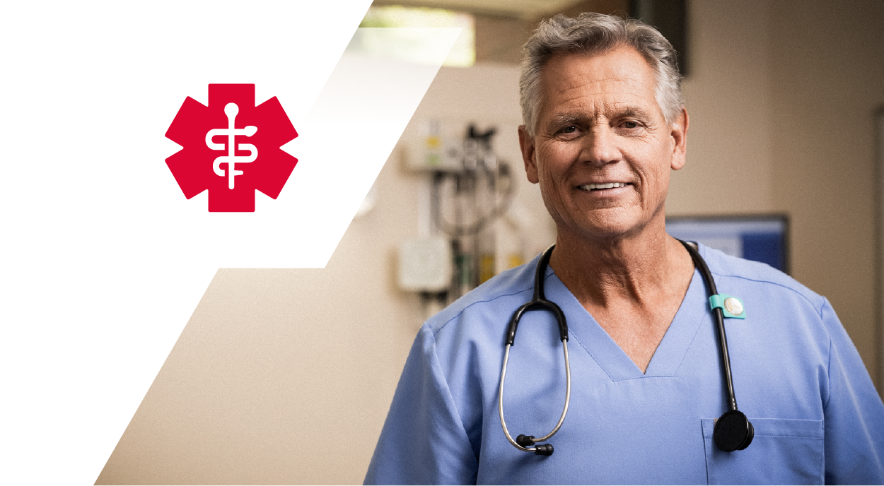 Physician wearing a stethoscope in an ER