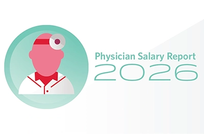 Illustration of a doctor with a head mirror beside the text "Physician Salary Report 2026" on a white background.