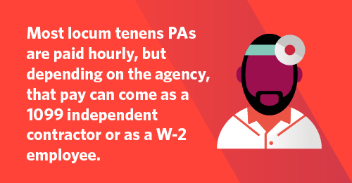 Graphic showing most locum PAs are paid hourly, as either a 1099 or W-2 employee