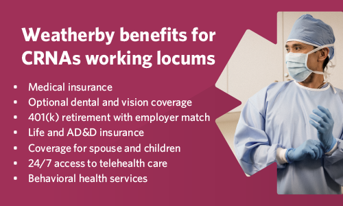 Graphic list of benefits Weatherby gives to CRNA locum tenens