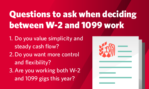 Graphic with questions to ask when deciding between W-2 and 1099 work