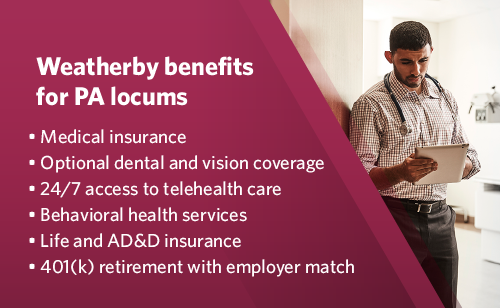 Graphic list of benefits that PAs receive when working locums with Weatherby