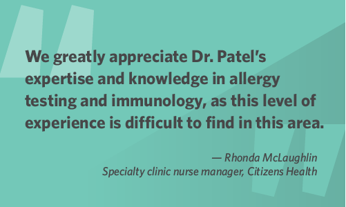 Graphic quote about Dr. Patel providing allergy services