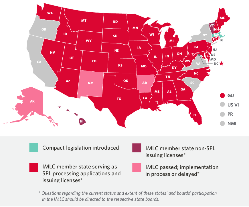 Map of U.S. showing IMLC member states as of July 2026
