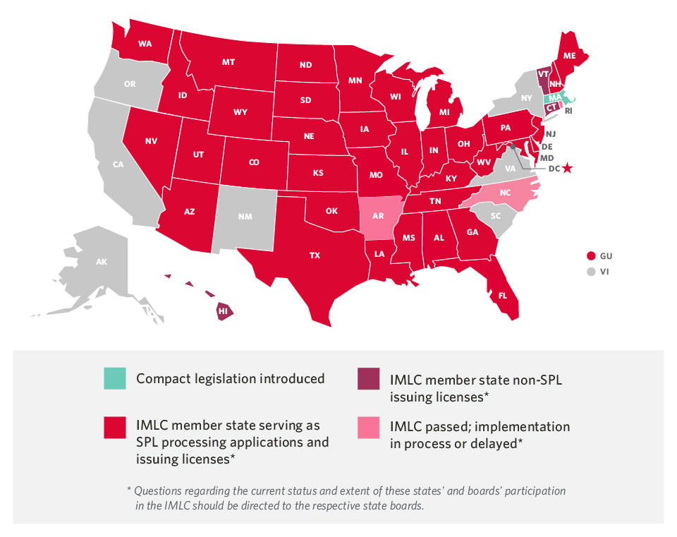 Graphic map of the USA showing which states are members of the IMLC