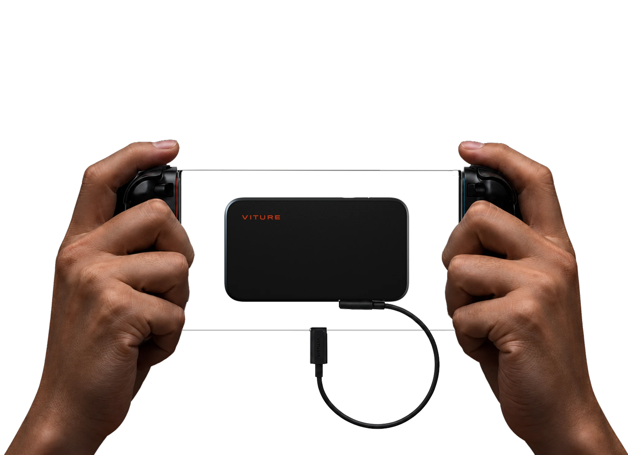 Hands holding a Switch 2 with the Mobile Dock Mini attached