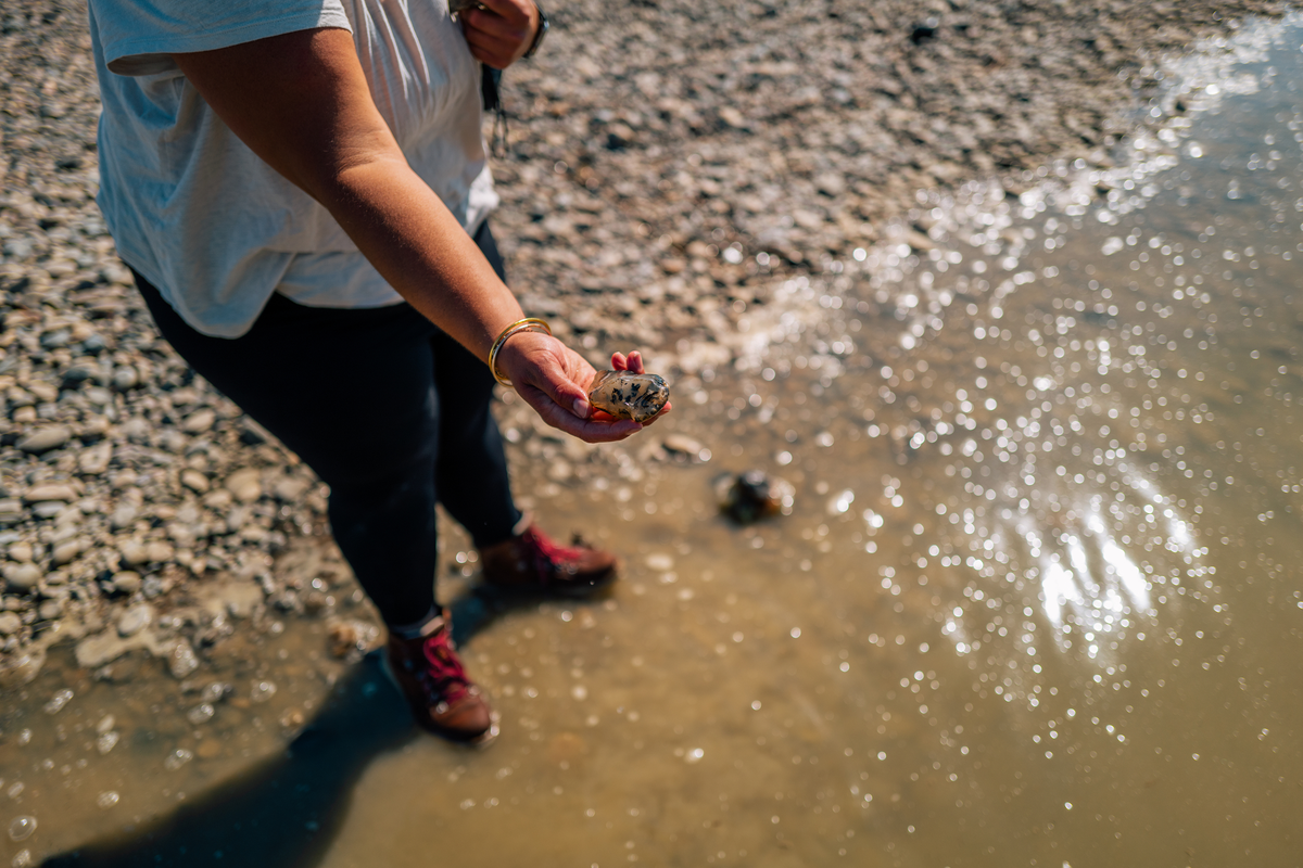 Person reaching into a shallow river for small stones while standing barefoot on the shore, with water splashing nearby