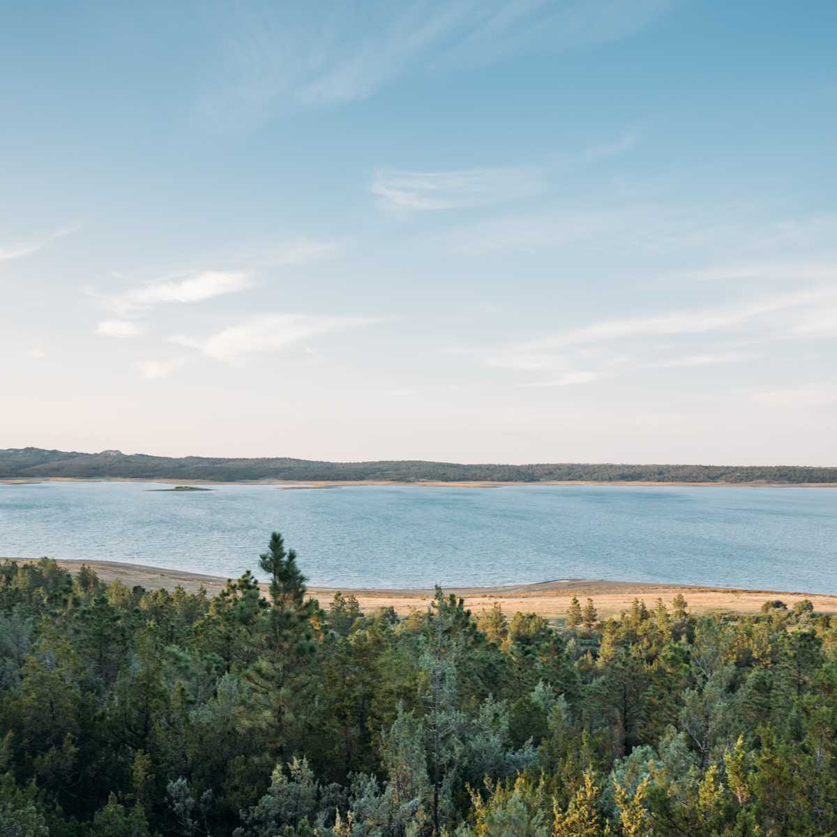 Wide view of a Montana river and shoreline bordered by forest and rolling hills under a blue sky