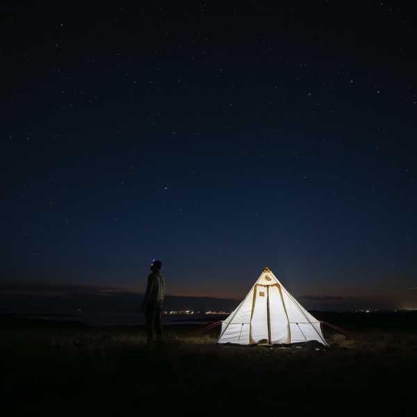 Camping tent at night under a star-filled sky with a person standing nearby in a dark Montana landscape