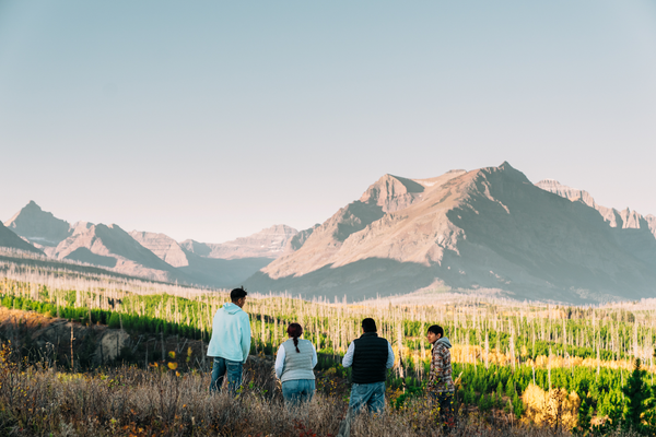 Three people walking along a field of tall wildflowers toward the Rocky Mountains in Montana