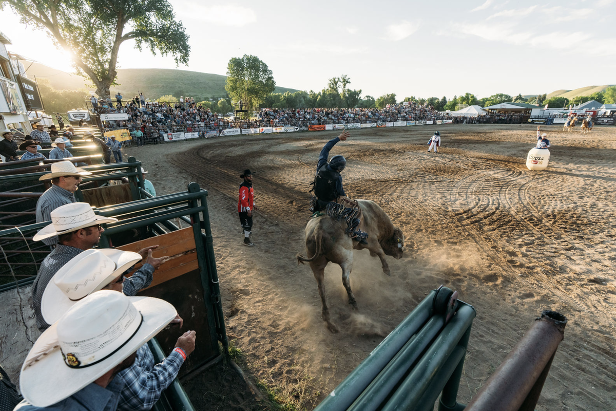 Cowboy rodeo arena with spectators seated along the fence as a horse and rider move in the dusty ring at sunset in Montana