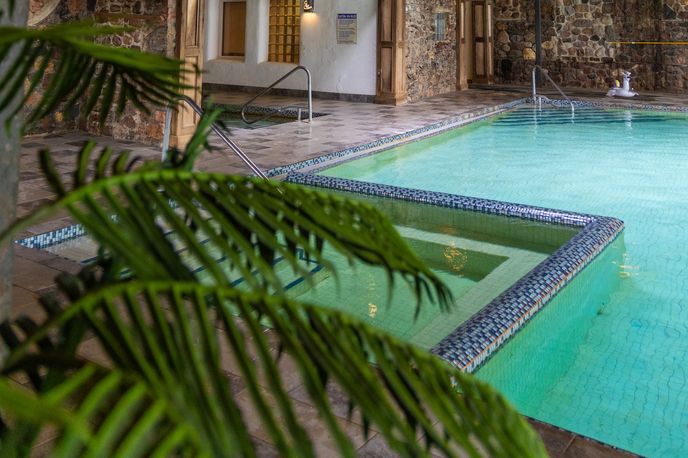 Indoor swimming pool inside a wooden lodge with warm lighting and stone walls