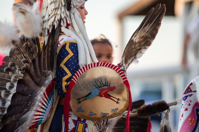 Native American ceremonial outfit with feather bustle and painted circular fan at a cultural event