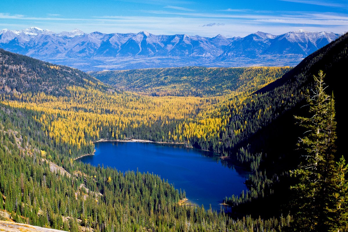 Scenic mountain valley with a blue lake surrounded by autumn-colored forests in Montana under a clear sky