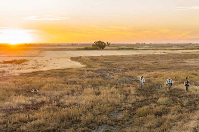 People walking on a prairie trail at sunset near a road and distant hills in Montana