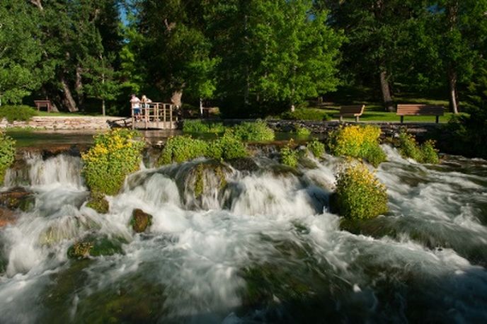 Cascading waterfall on a Montana river with a small wooden footbridge and riverside gardens