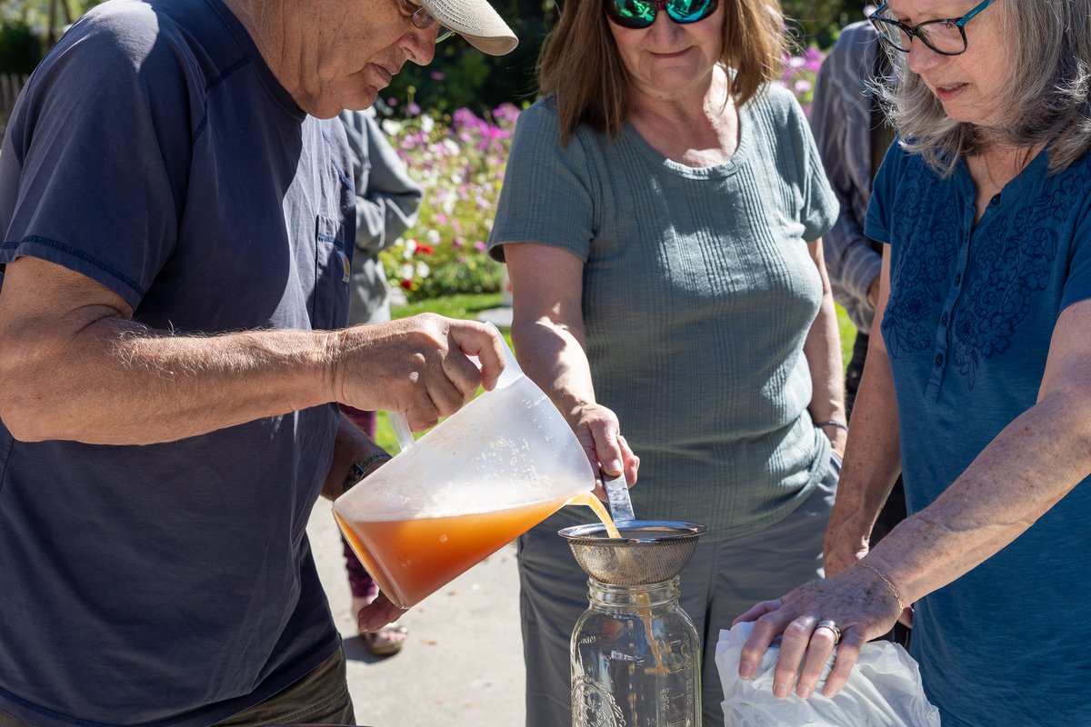 Three people prepare and pour food outdoors at a gathering in Montana, using a large jar and bowls on a table
