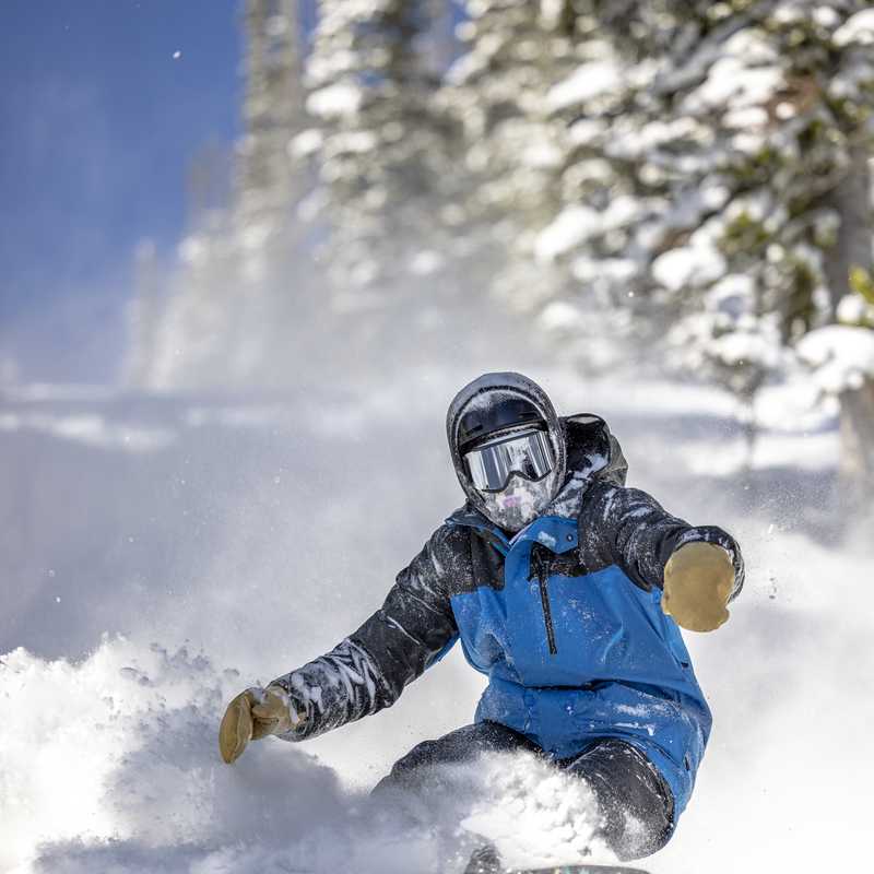 Snowboarder carving through fresh powder on a Montana ski slope
