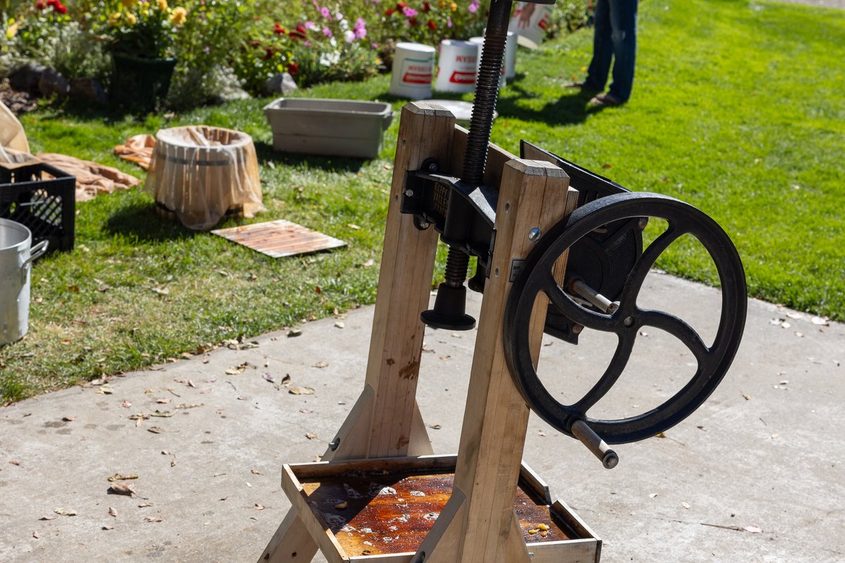 Gardener using a large wooden fire-starter tool beside flower beds in a Montana yard