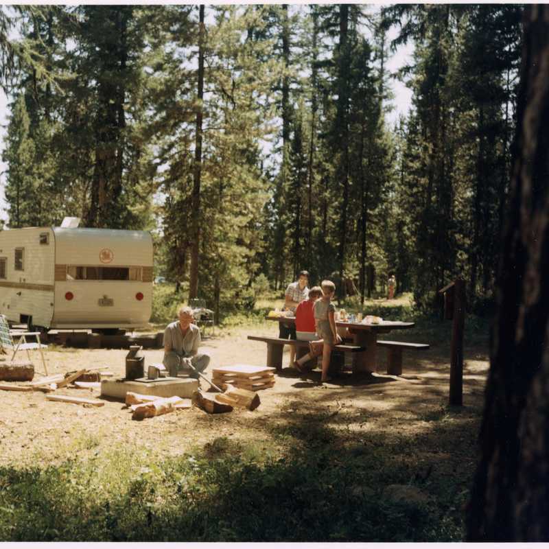 Campsite with a picnic table and cooking area surrounded by pine trees in Montana