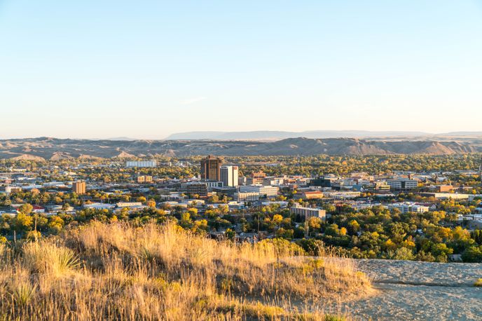 Aerial view of Billings surrounded by trees, with hills in the background under a clear blue sky.