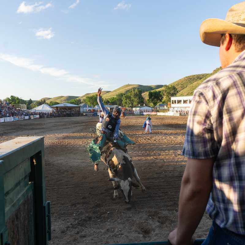 Audience members watch a rodeo arena as riders and horses prepare to race in Montana