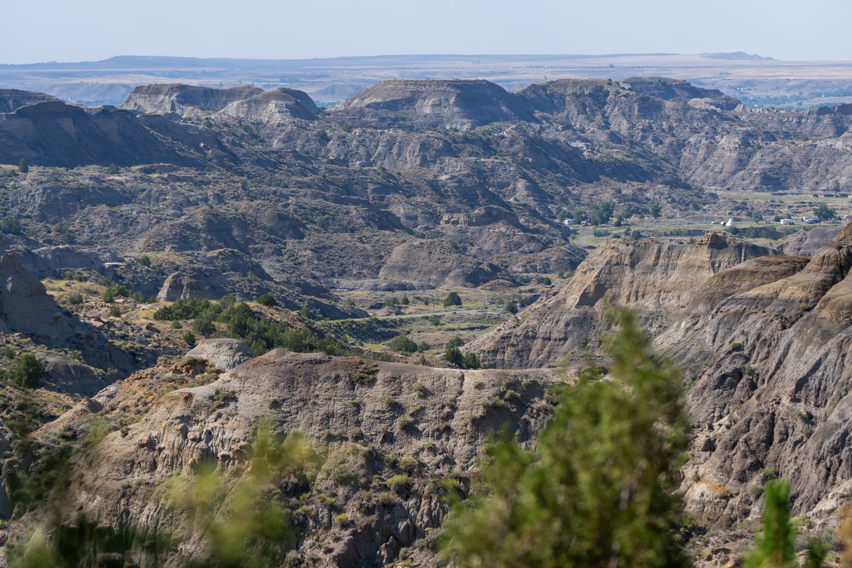 Wide view of a rugged canyon landscape in Montana with winding river valleys and layered rock cliffs under a clear sky