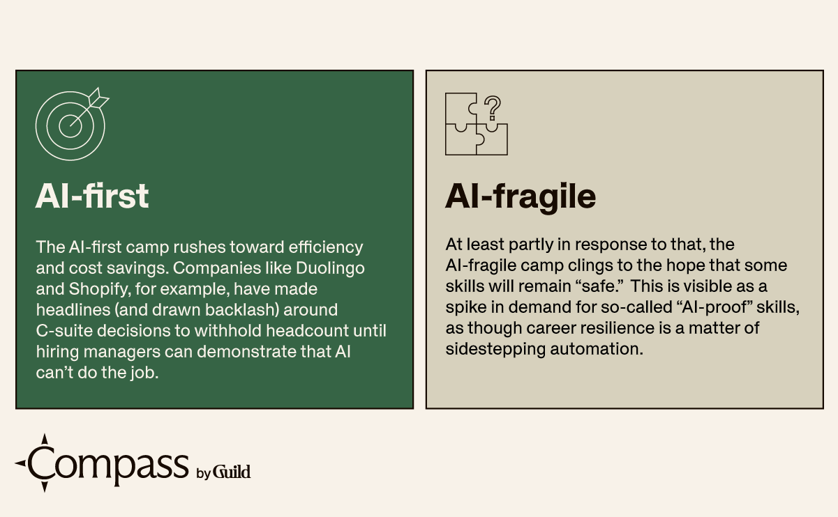 "Two contrasting blocks: 'AI-first' in green emphasizes efficiency, while 'AI-fragile' in beige highlights the need for resilient skills."